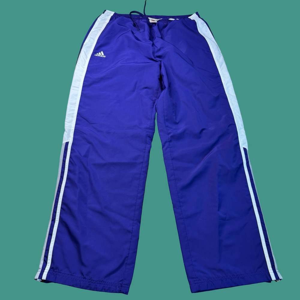 Adidas Track Pants Large Purple White Nylon Wide Leg Drawstring Athletic Y2K